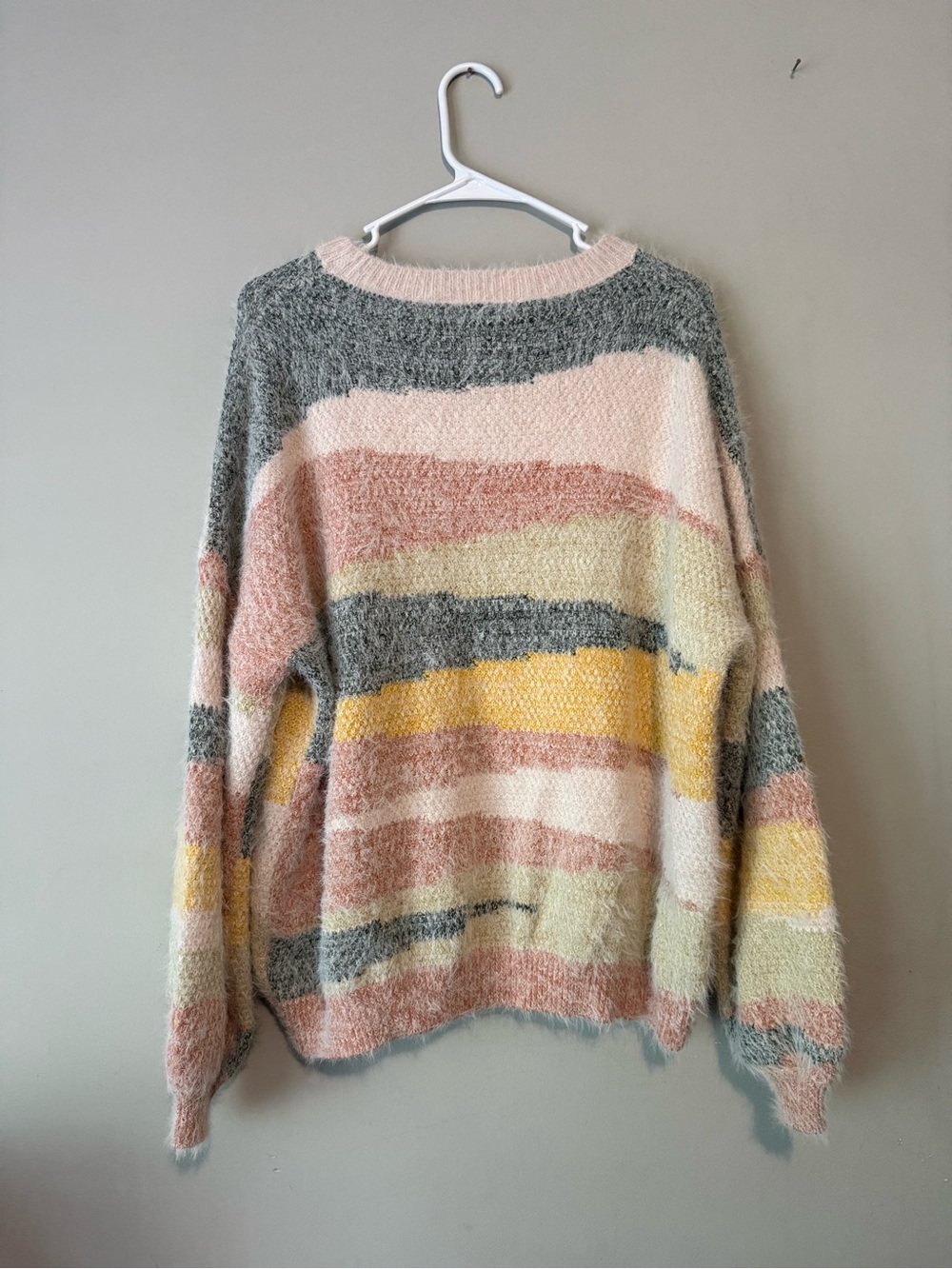 Altar’d State Cozy Multicolor Striped Fuzzy Sweater - Pink, Yellow & Gray - Picture 2 of 5